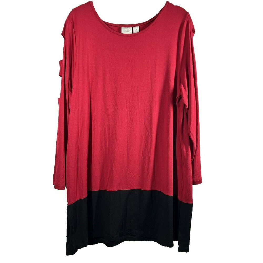 Chicos Zenergy Tunic Top Womens L Red Black Cut Out 3/4 Sleeve Side Slits Blouse